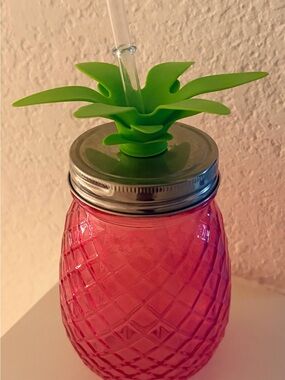Green-Top Pink Pineapple Drink Jar with Straw
